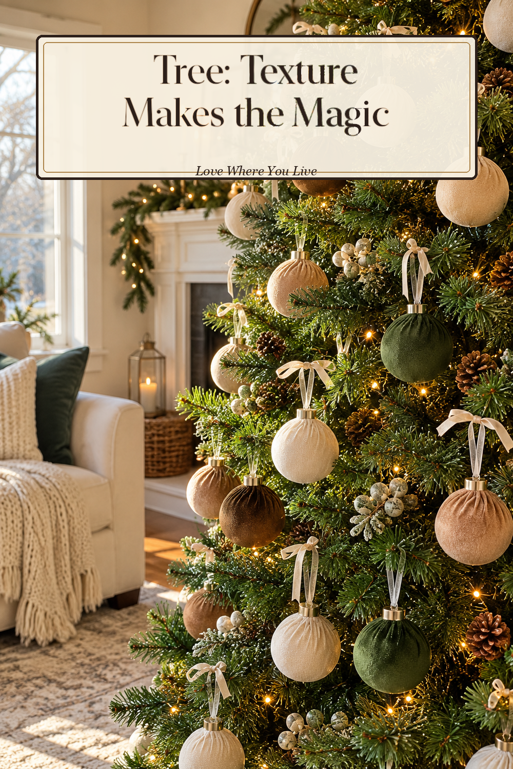 A realistic Christmas ornaments in use in a naturally lit living room Christmas tree, photographed in a believable lived-in home.