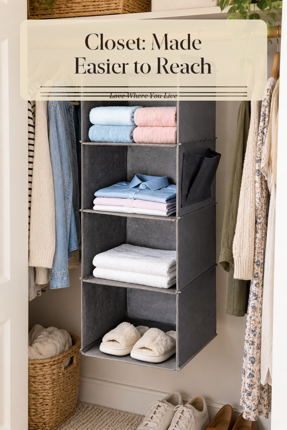 A realistic closet organizer in use in a naturally lit bedroom closet, photographed in a believable lived-in home.