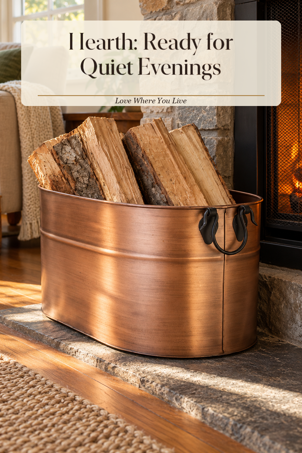 A realistic firewood holder in use in a naturally lit living room hearth, photographed in a believable lived-in home.