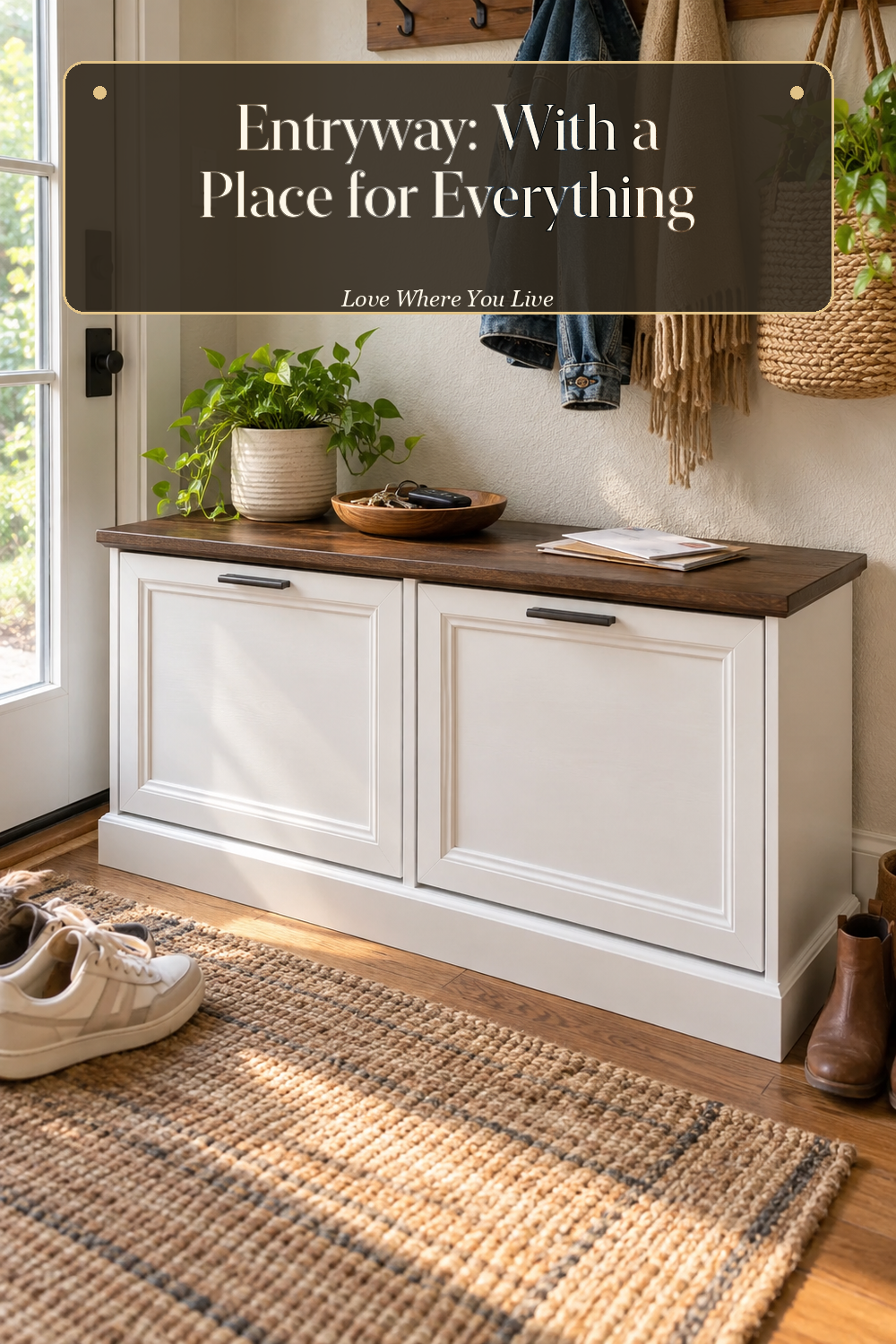 A realistic shoe bench in use in a naturally lit entryway, photographed in a believable lived-in home.