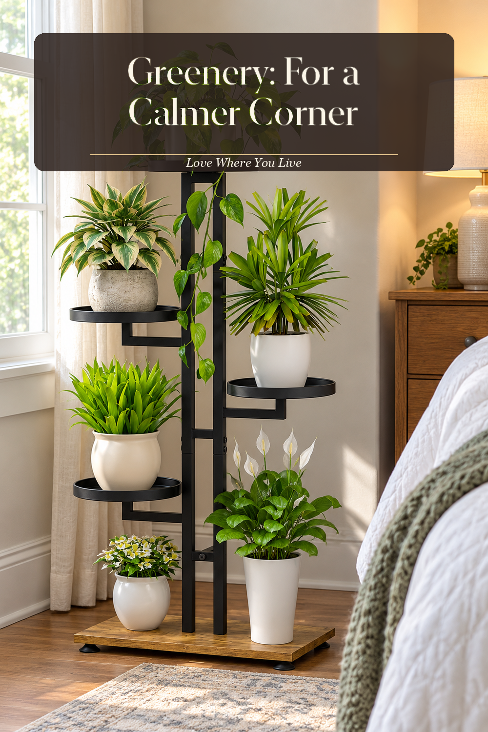 A realistic plant stand in use in a naturally lit bedroom, photographed in a believable lived-in home.