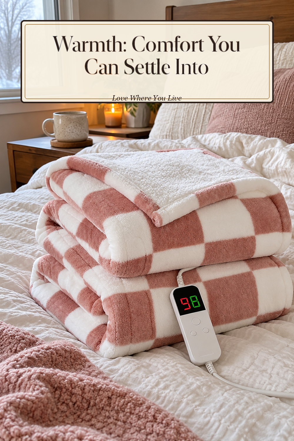 A realistic heated blanket in use in a naturally lit bedroom or living room, photographed in a believable lived-in home.