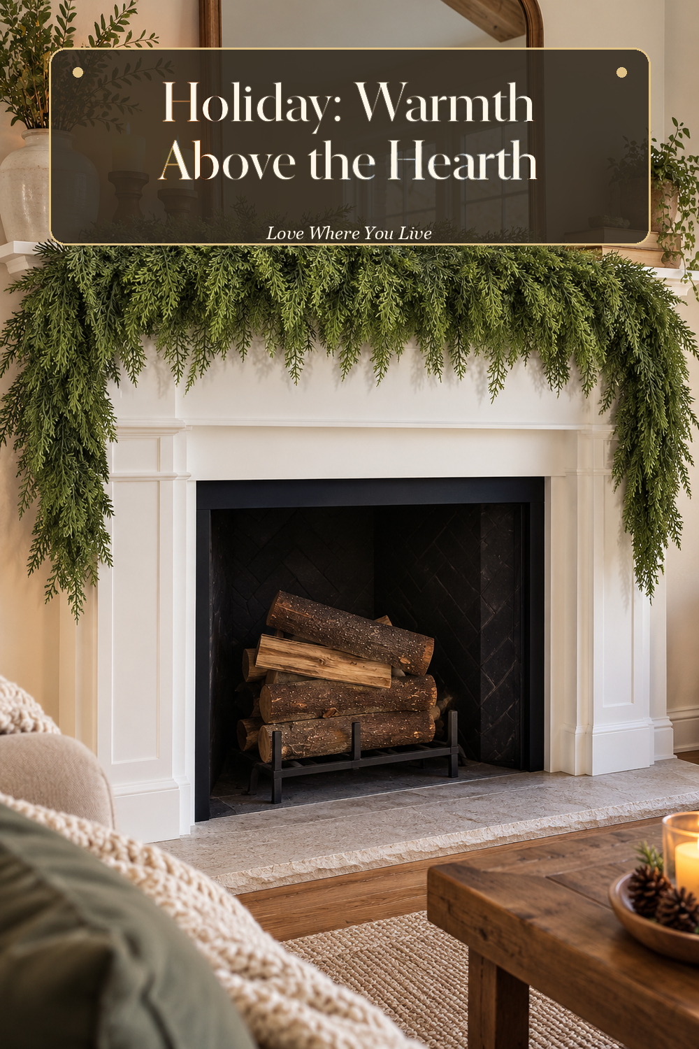 A realistic holiday garland in use in a naturally lit living room fireplace, photographed in a believable lived-in home.