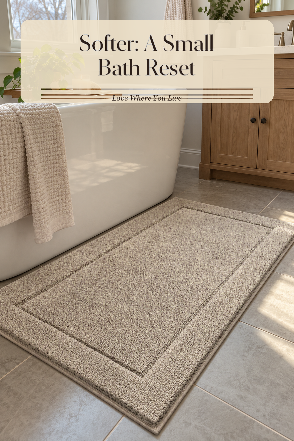 A realistic bath rug in use in a naturally lit bathroom, photographed in a believable lived-in home.