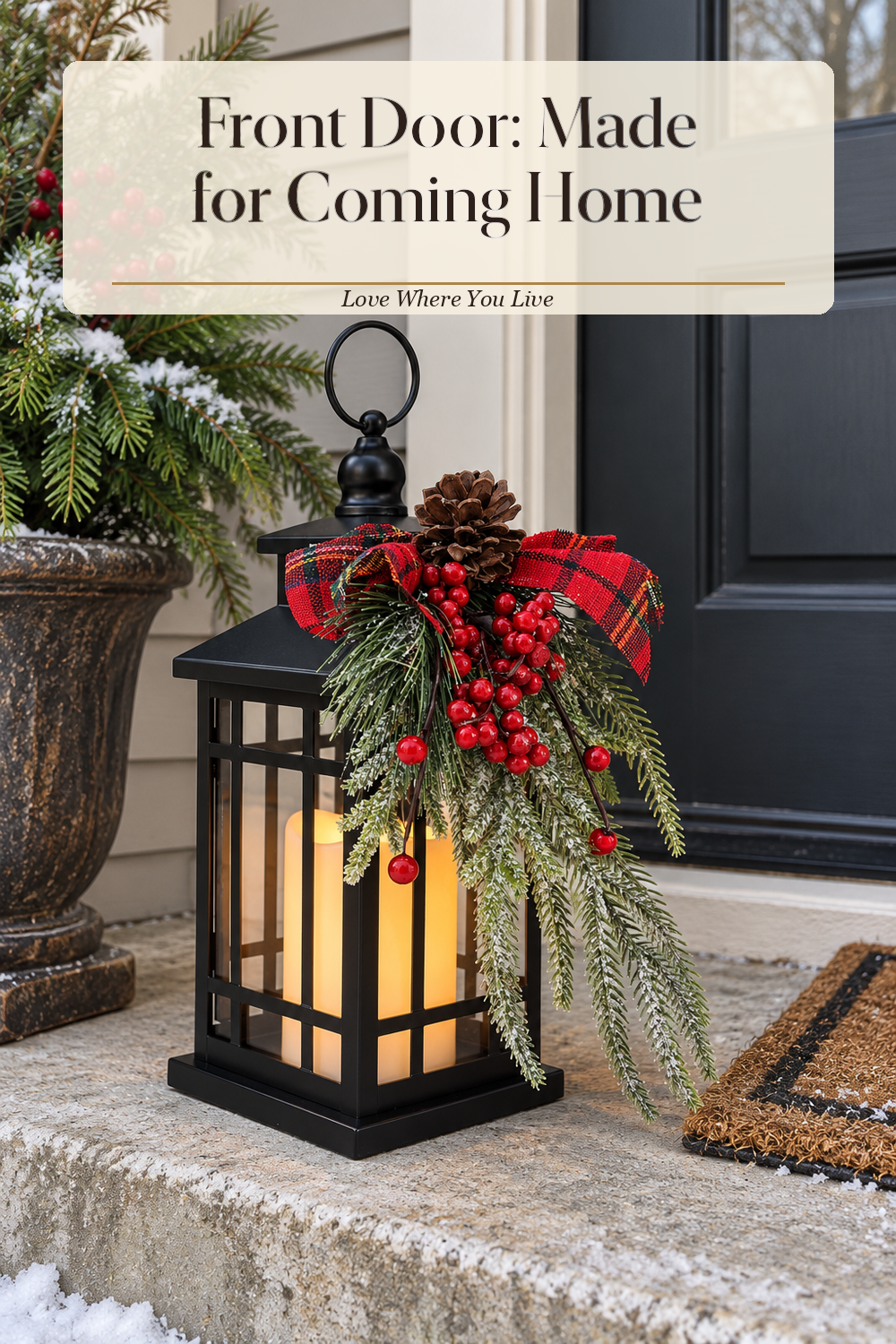 A realistic decorative lantern in use in a naturally lit front porch, photographed in a believable lived-in home.