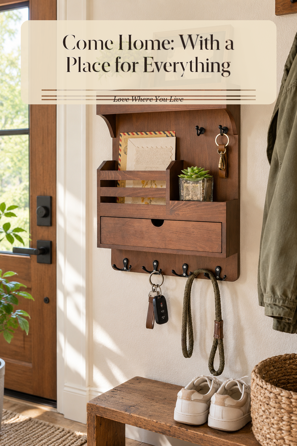 A realistic drawer organizer in use in a naturally lit entryway, photographed in a believable lived-in home.