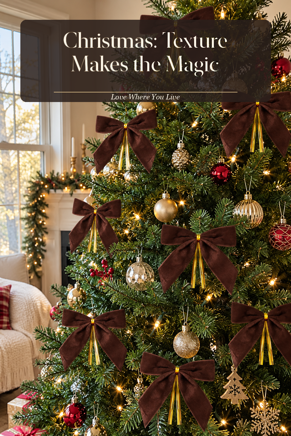 A realistic Christmas ornaments in use in a naturally lit living room Christmas tree, photographed in a believable lived-in home.