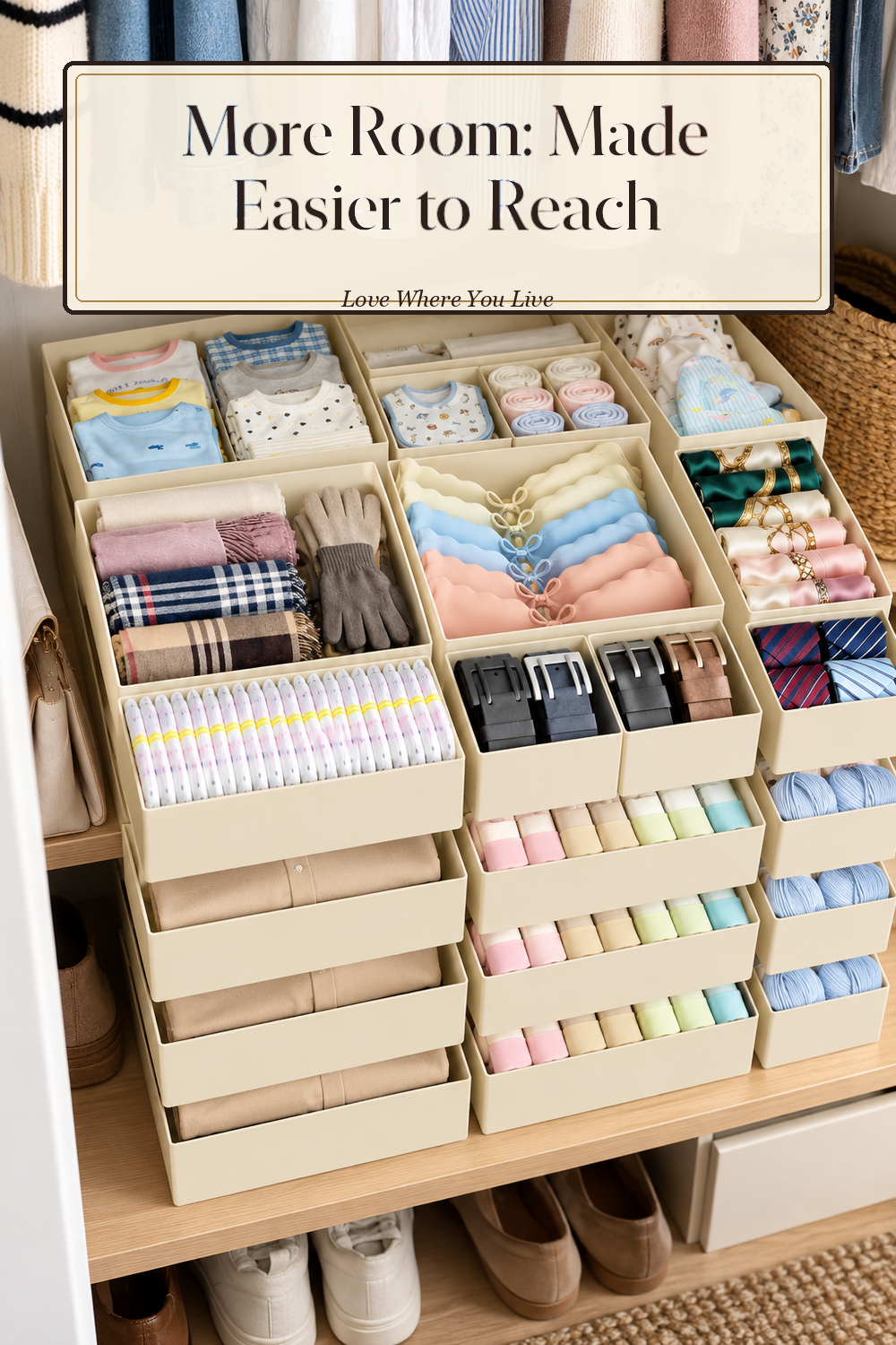 A realistic drawer organizer in use in a naturally lit bedroom closet, photographed in a believable lived-in home.