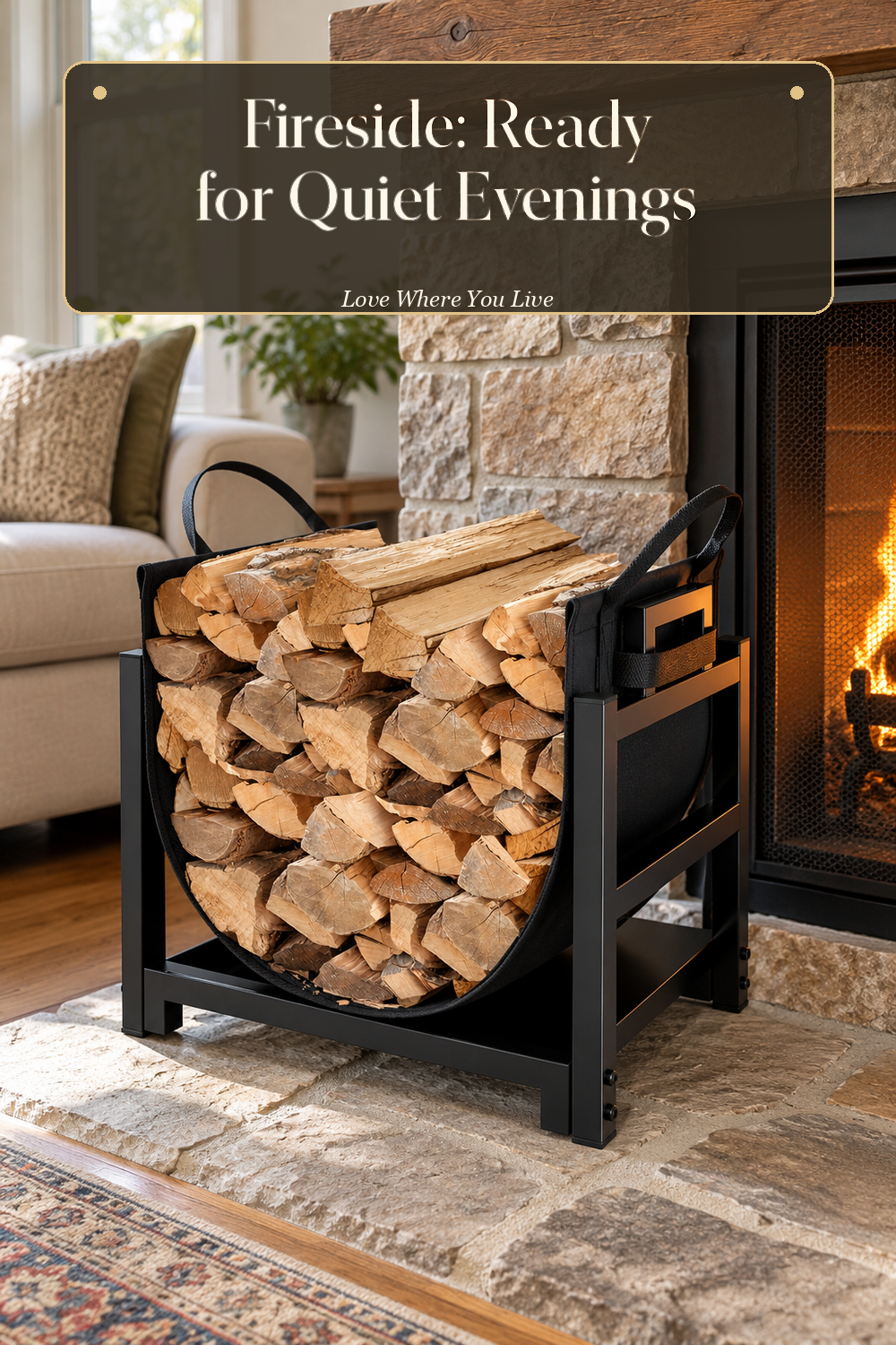A realistic firewood holder in use in a naturally lit living room hearth, photographed in a believable lived-in home.