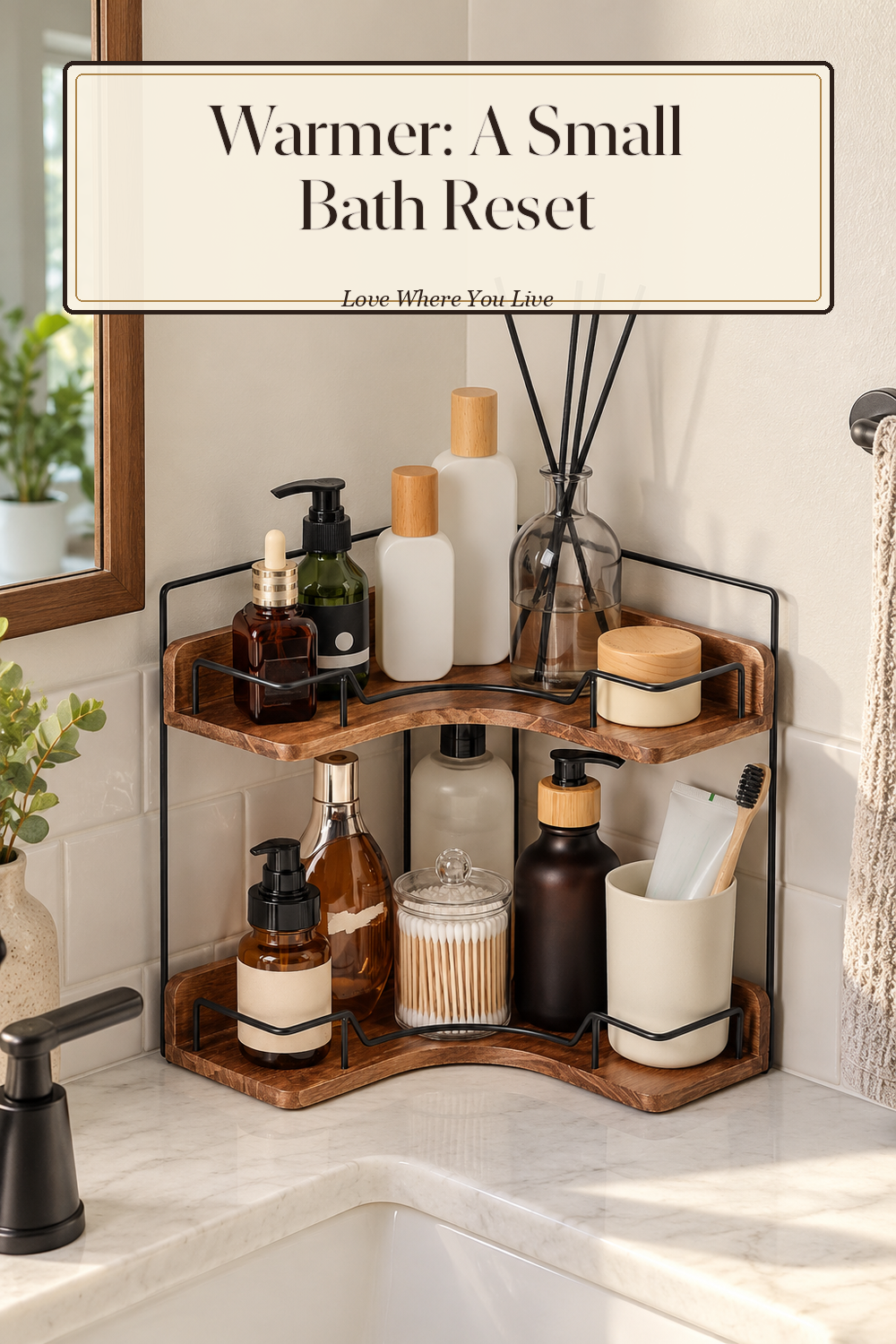 A realistic bathroom organizer in use in a naturally lit bathroom, photographed in a believable lived-in home.