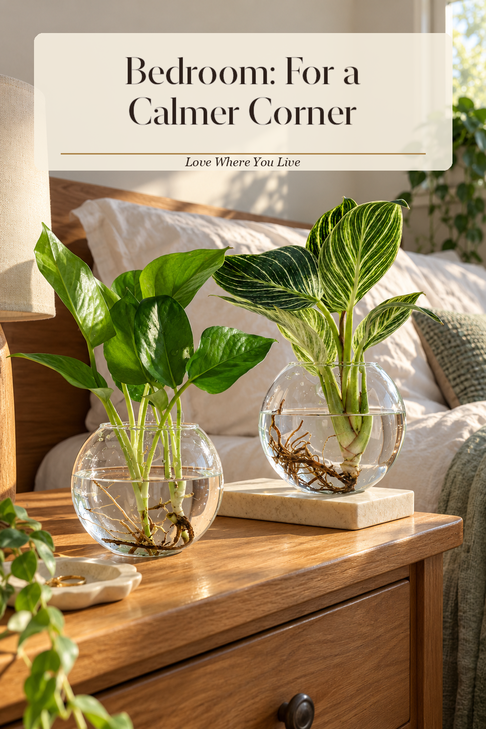 A realistic propagation vase in use in a naturally lit bedroom, photographed in a believable lived-in home.