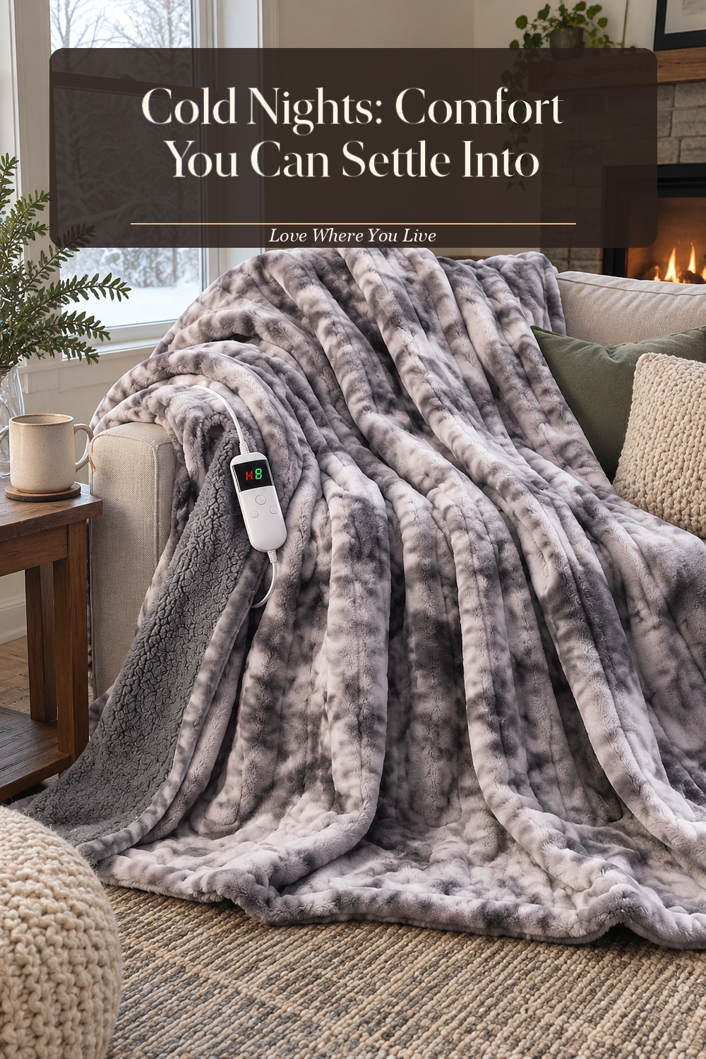 A realistic heated blanket in use in a naturally lit bedroom or living room, photographed in a believable lived-in home.