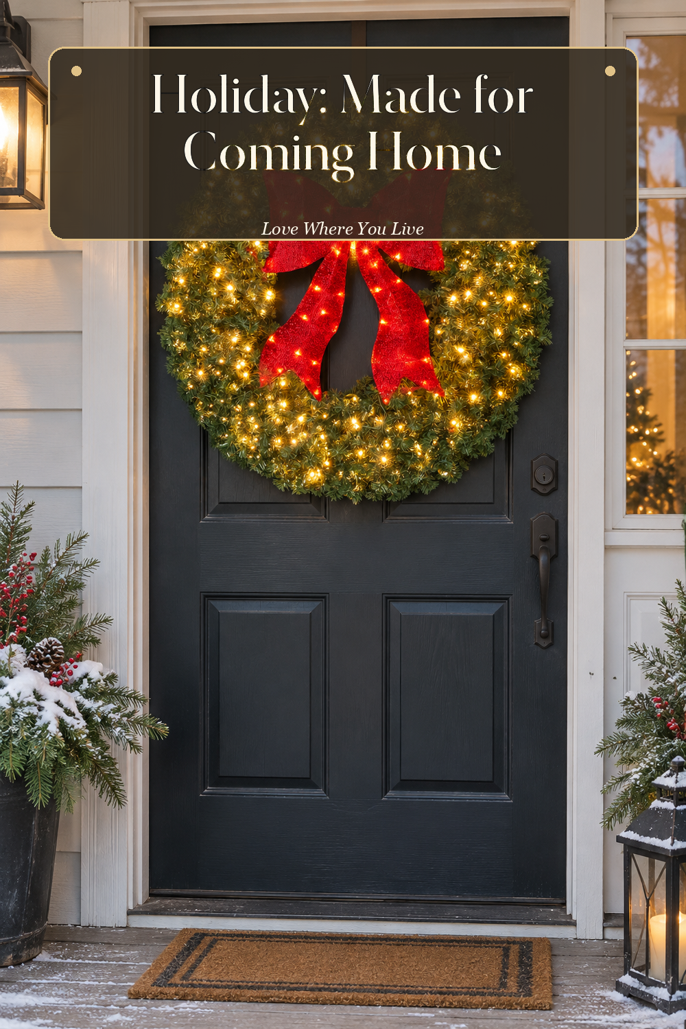 A realistic Christmas wreath in use in a naturally lit front porch, photographed in a believable lived-in home.