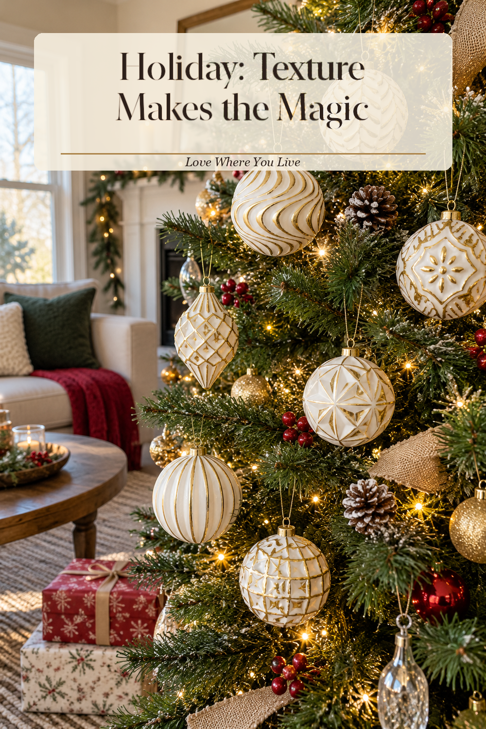 A realistic Christmas ornaments in use in a naturally lit living room Christmas tree, photographed in a believable lived-in home.
