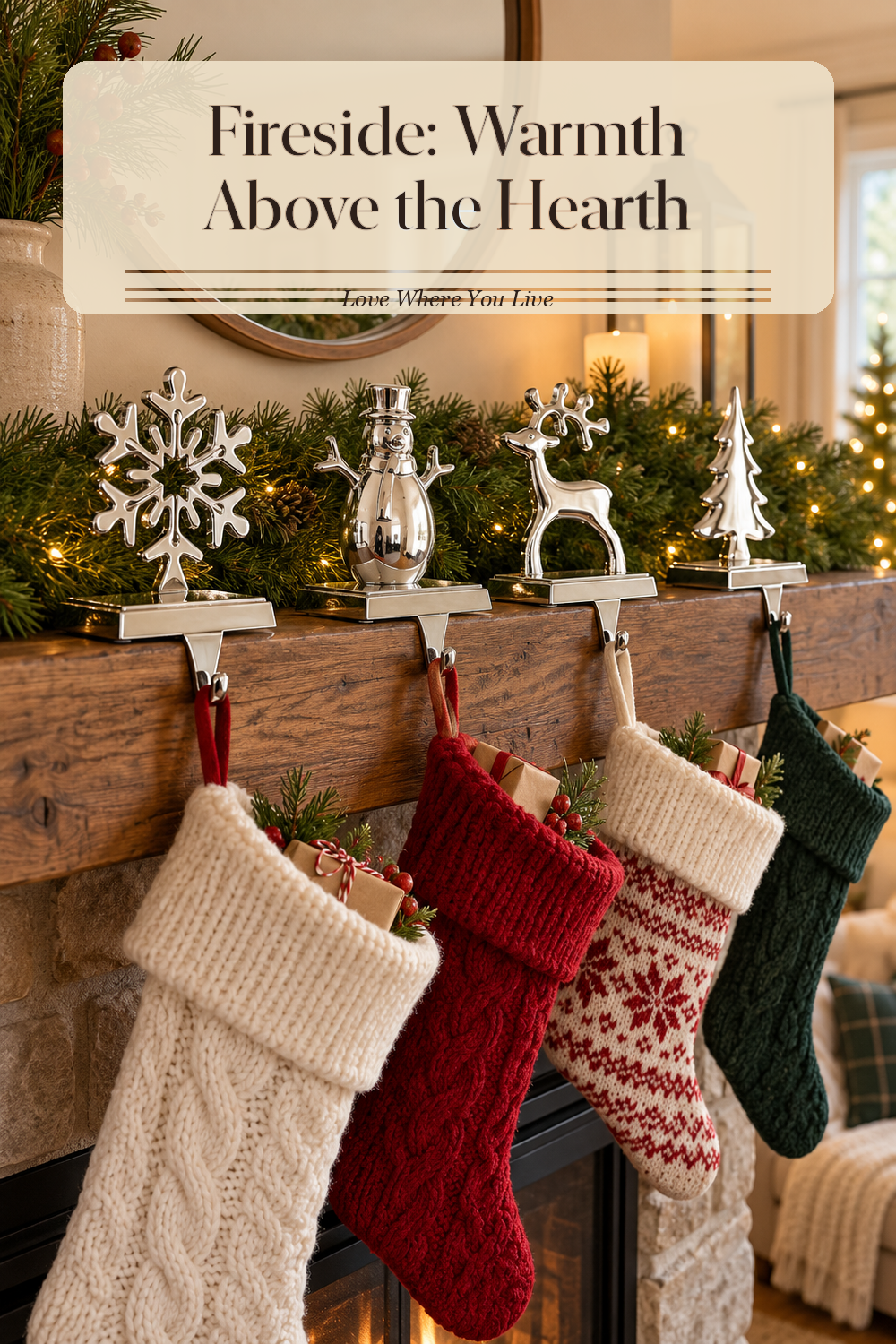 A realistic stocking holder in use in a naturally lit living room fireplace, photographed in a believable lived-in home.