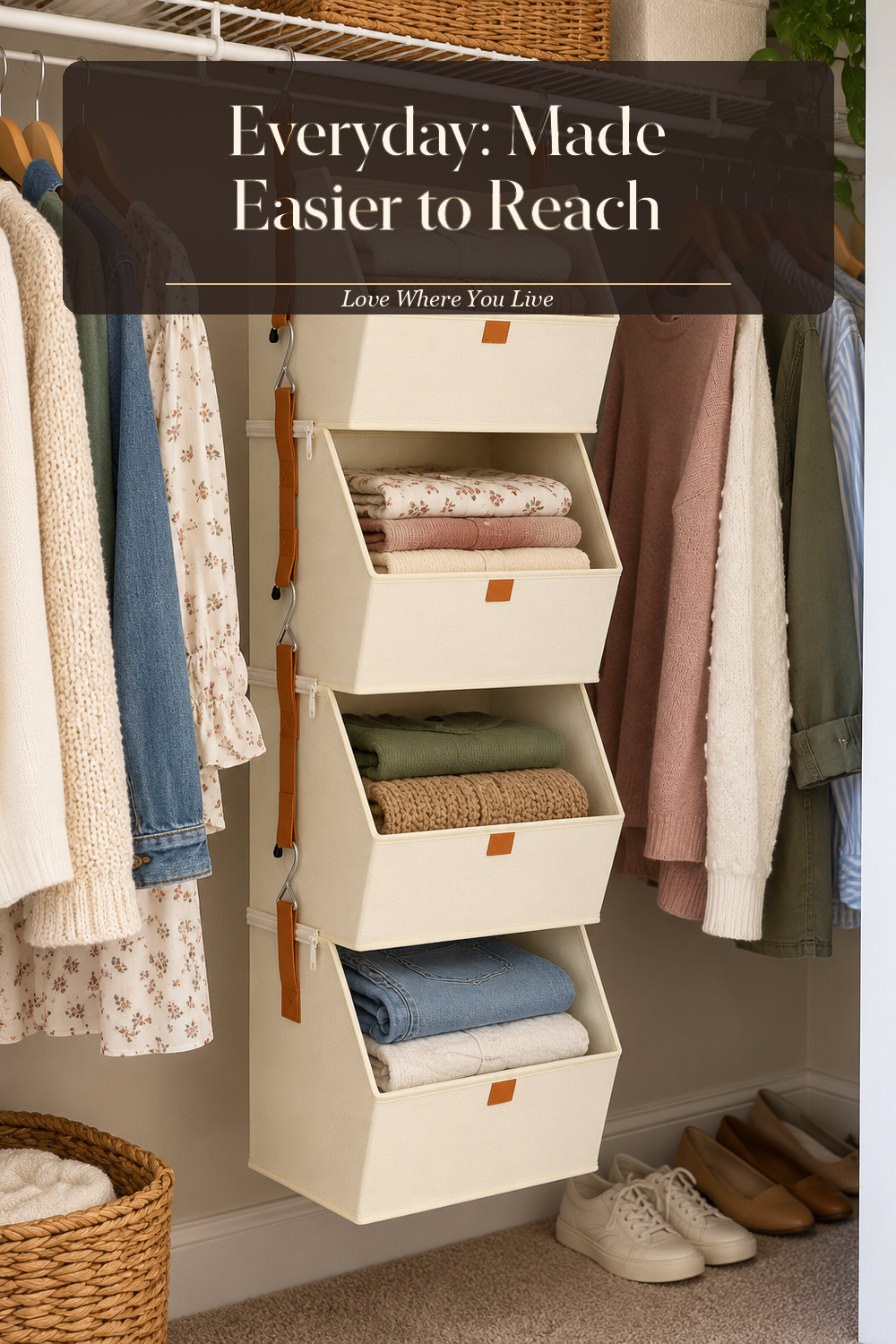 A realistic closet organizer in use in a naturally lit bedroom closet, photographed in a believable lived-in home.