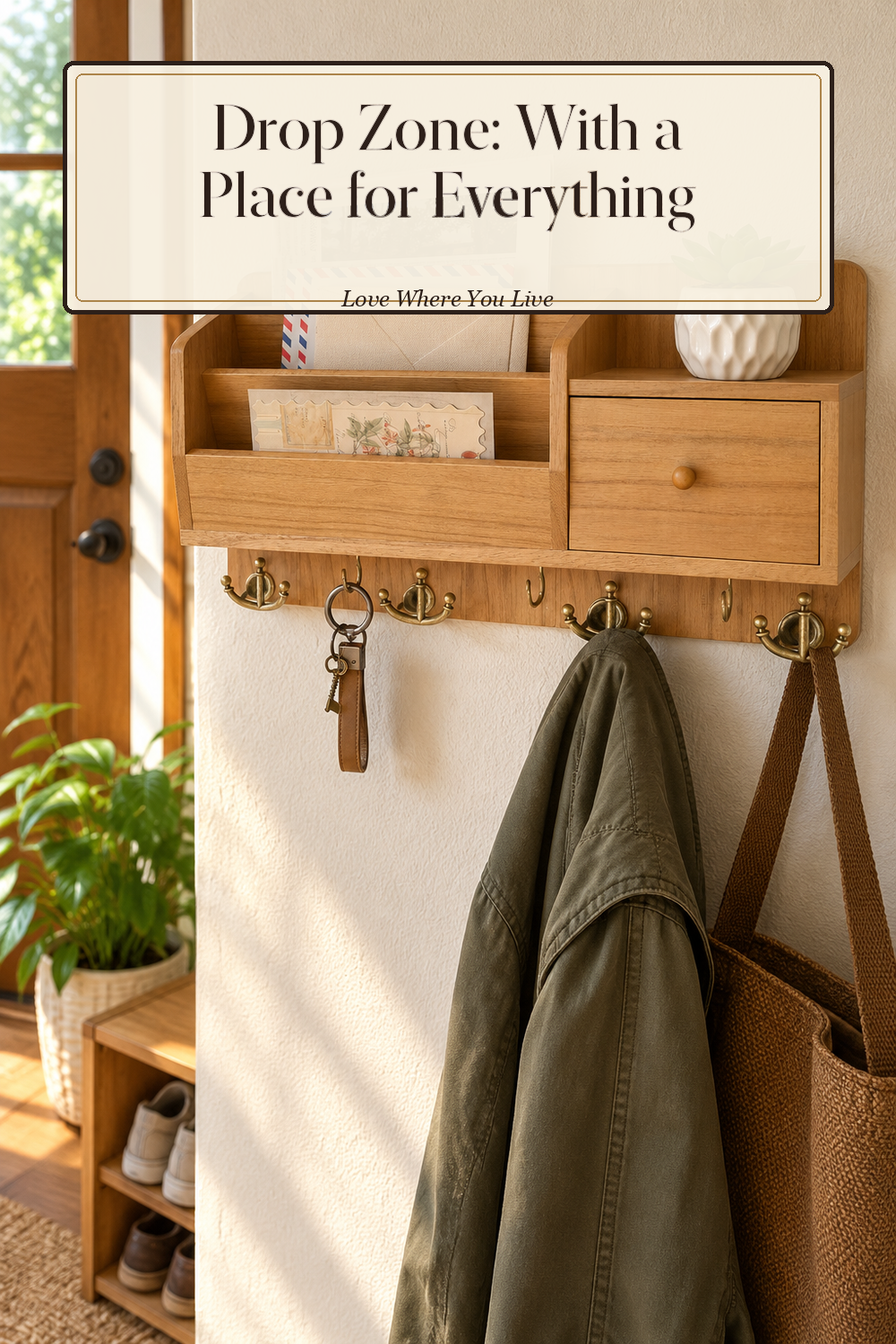 A realistic key and mail organizer in use in a naturally lit entryway, photographed in a believable lived-in home.