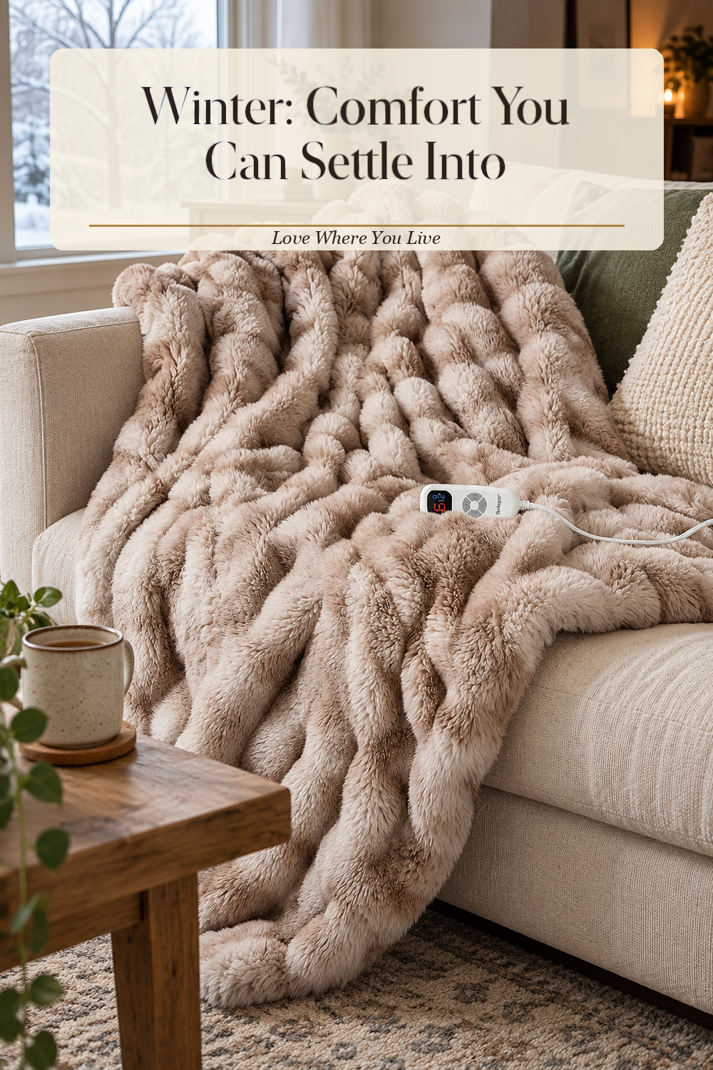 A realistic heated blanket in use in a naturally lit bedroom or living room, photographed in a believable lived-in home.