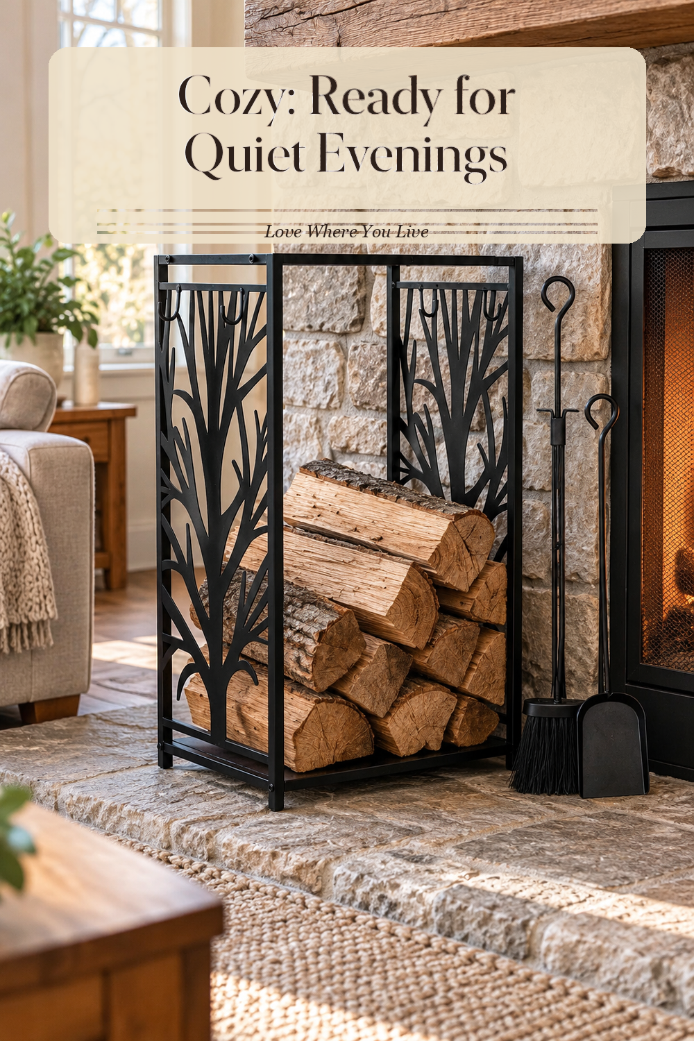 A realistic firewood holder in use in a naturally lit living room hearth, photographed in a believable lived-in home.