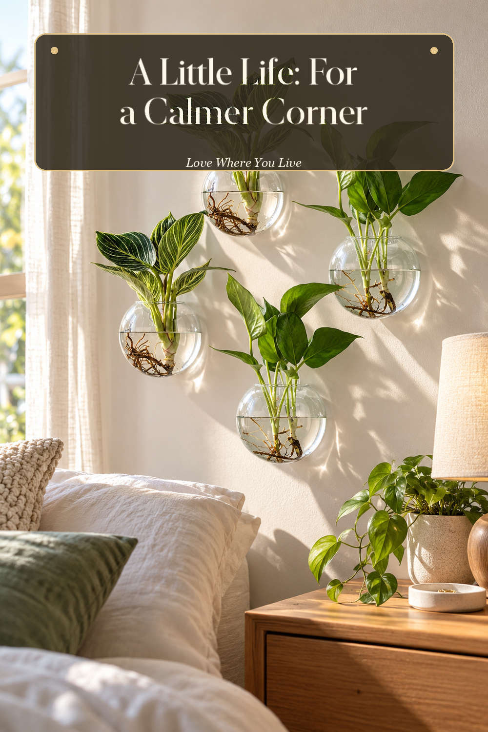 A realistic propagation vase in use in a naturally lit bedroom, photographed in a believable lived-in home.
