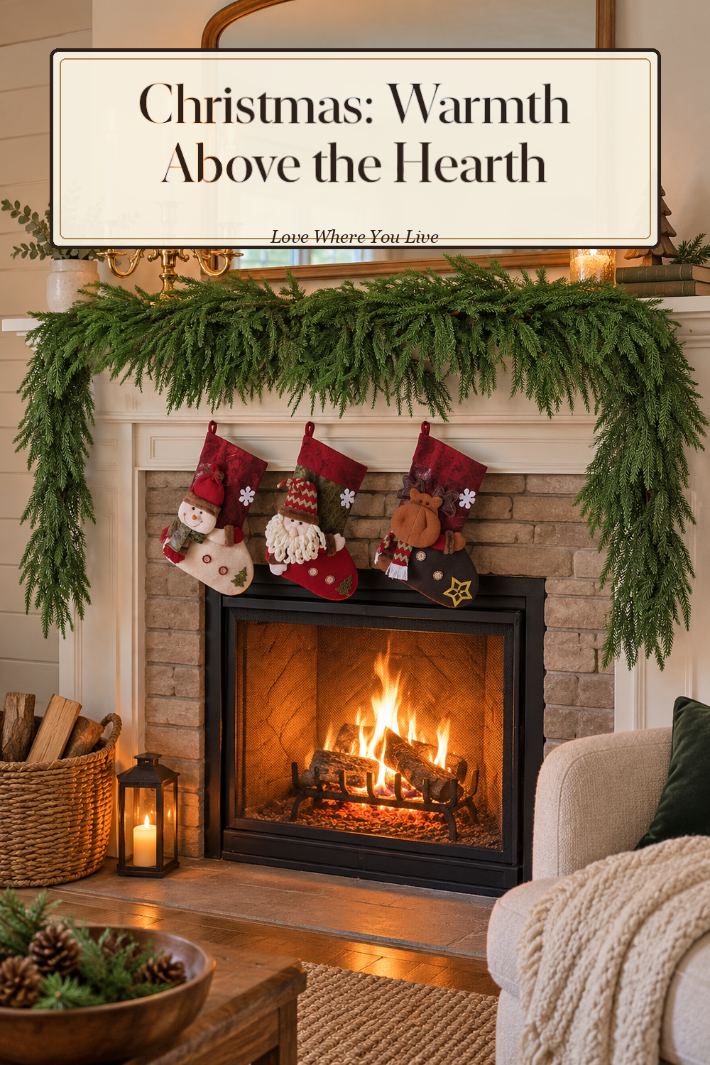 A realistic holiday garland in use in a naturally lit living room fireplace, photographed in a believable lived-in home.