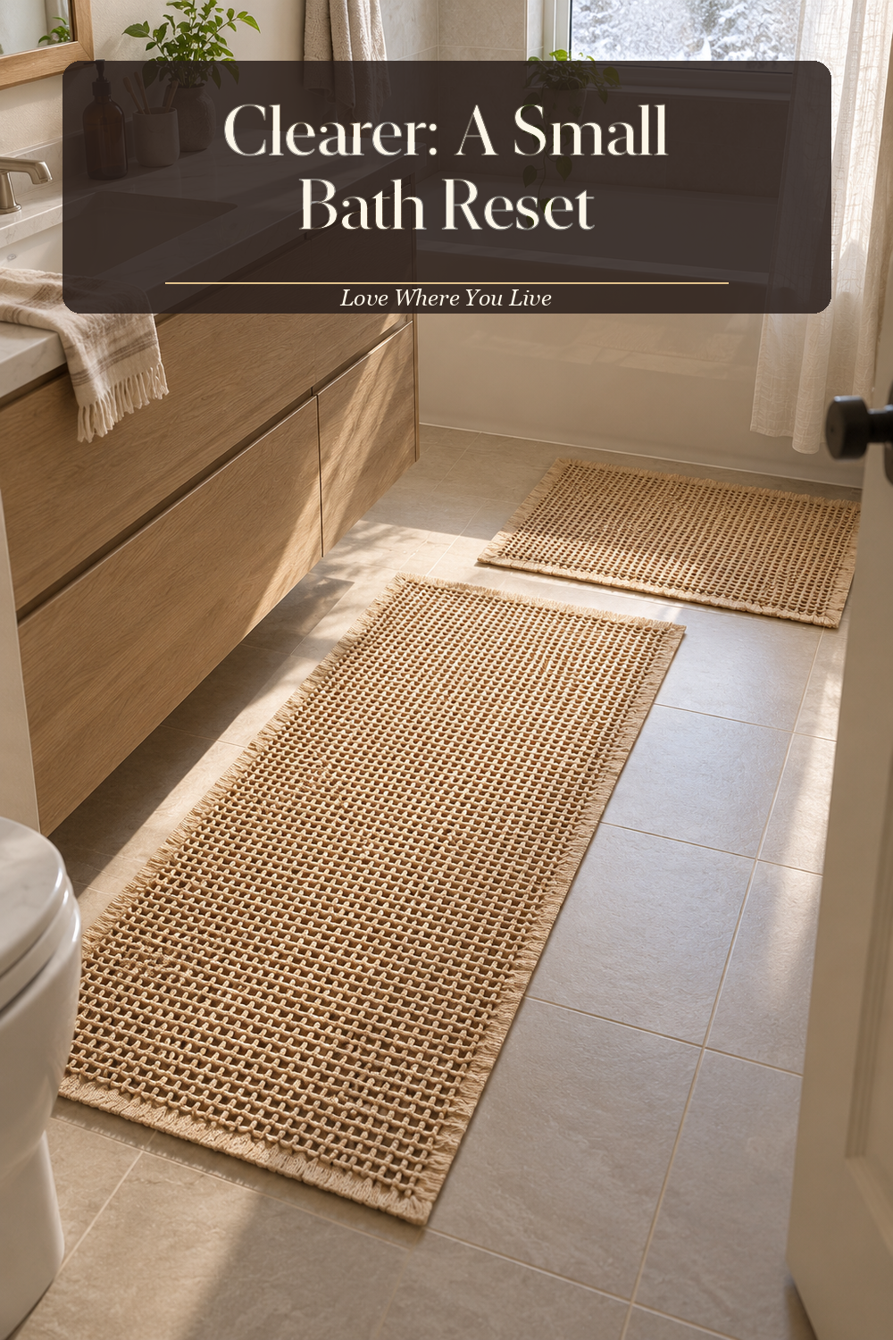 A realistic bath rug in use in a naturally lit bathroom, photographed in a believable lived-in home.