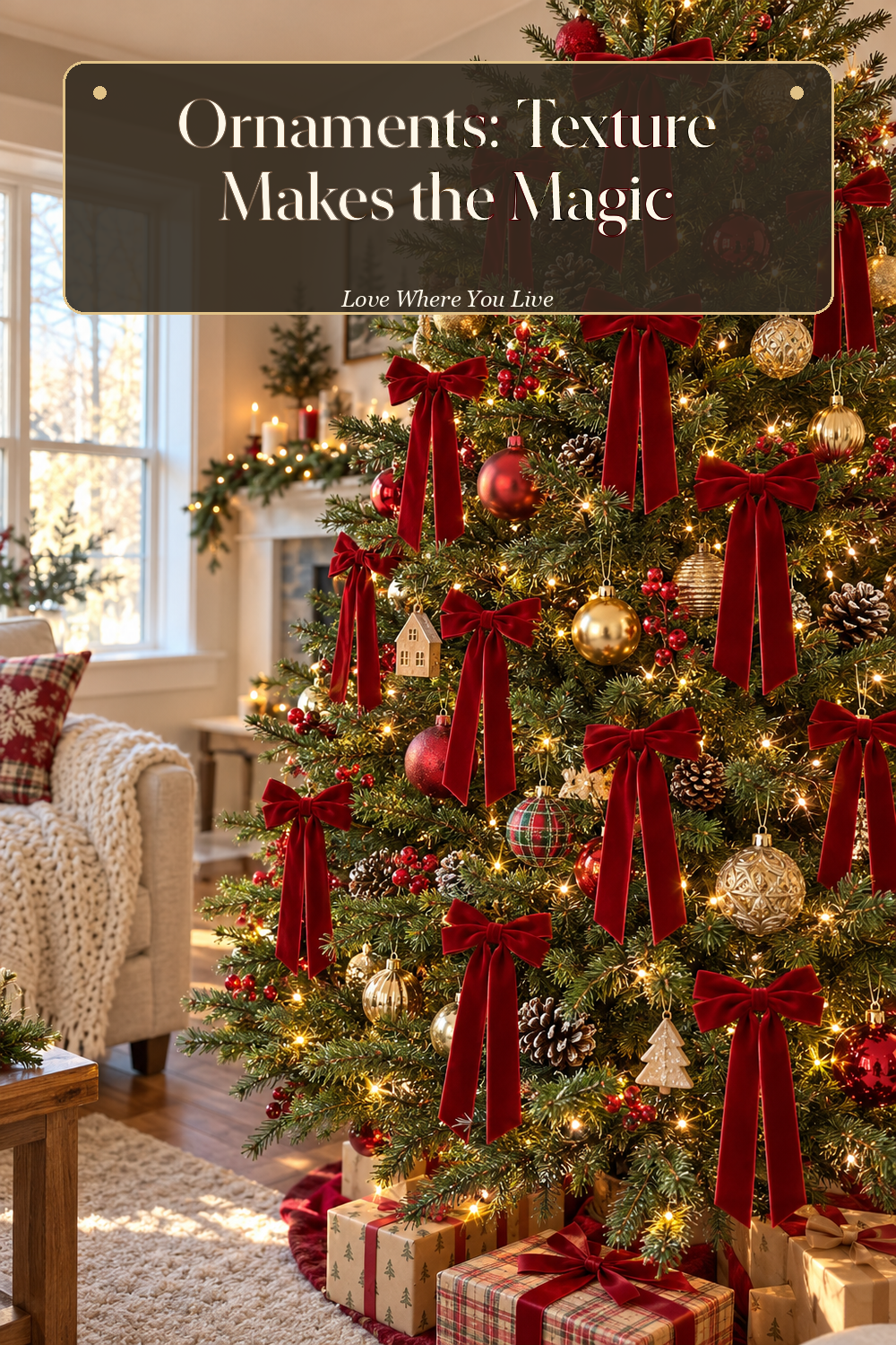 A realistic Christmas ornaments in use in a naturally lit living room Christmas tree, photographed in a believable lived-in home.