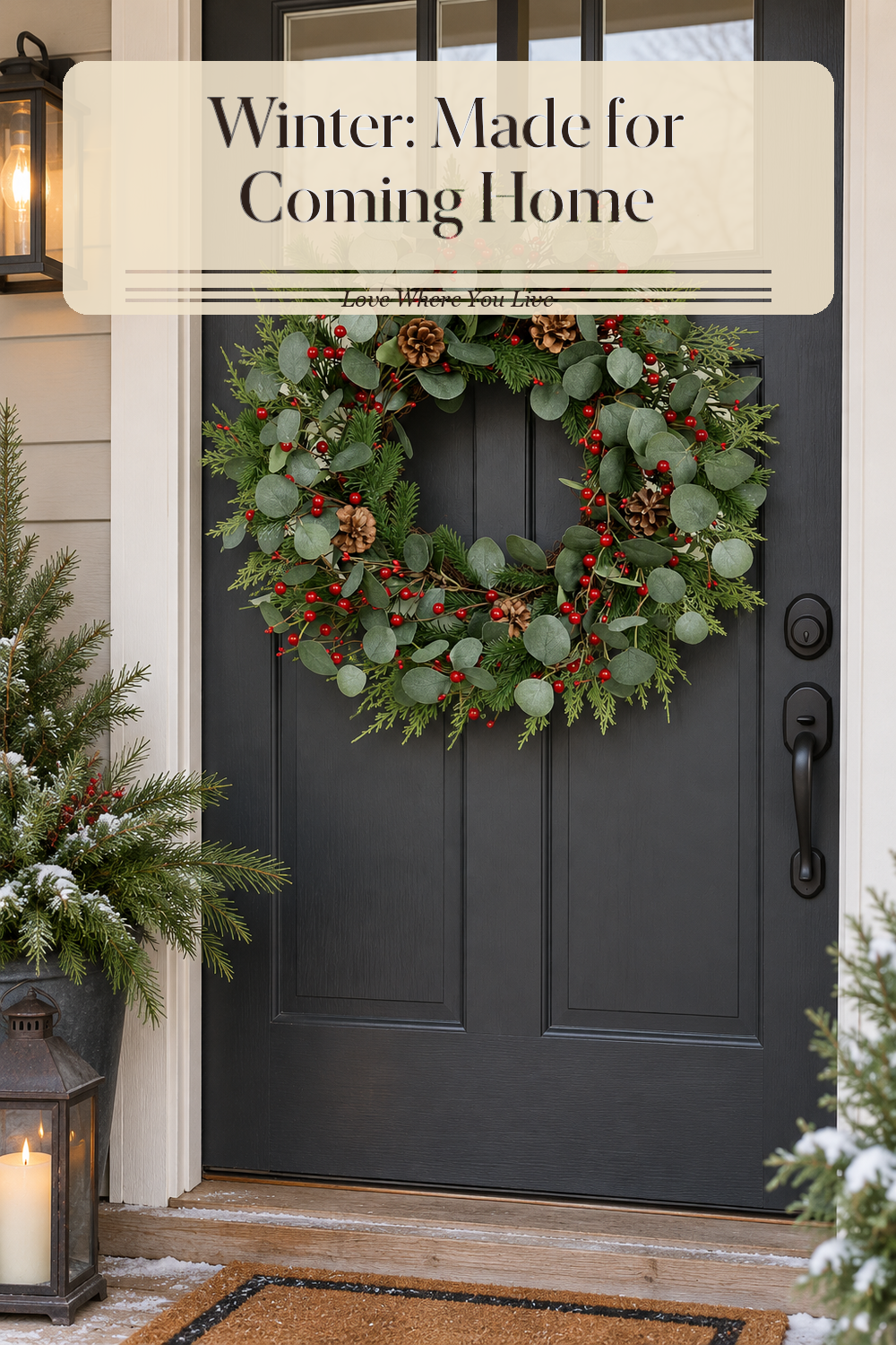 A realistic Christmas wreath in use in a naturally lit front porch, photographed in a believable lived-in home.