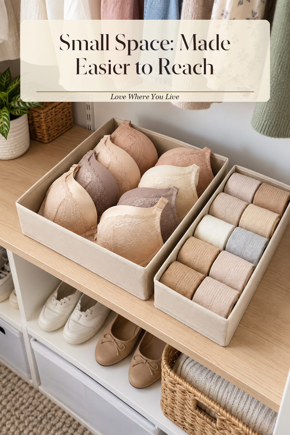 A realistic drawer organizer in use in a naturally lit bedroom closet, photographed in a believable lived-in home.