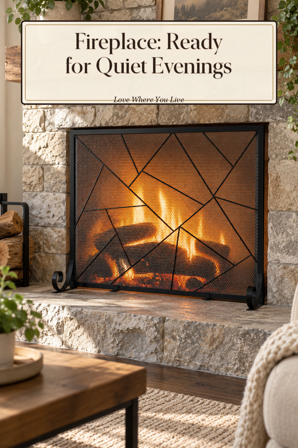 A realistic fireplace screen in use in a naturally lit living room hearth, photographed in a believable lived-in home.