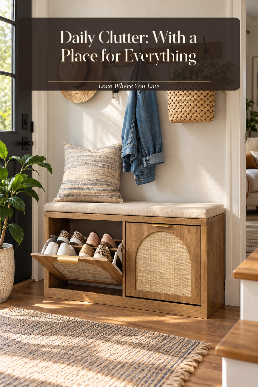 A realistic wall hook shelf in use in a naturally lit entryway, photographed in a believable lived-in home.