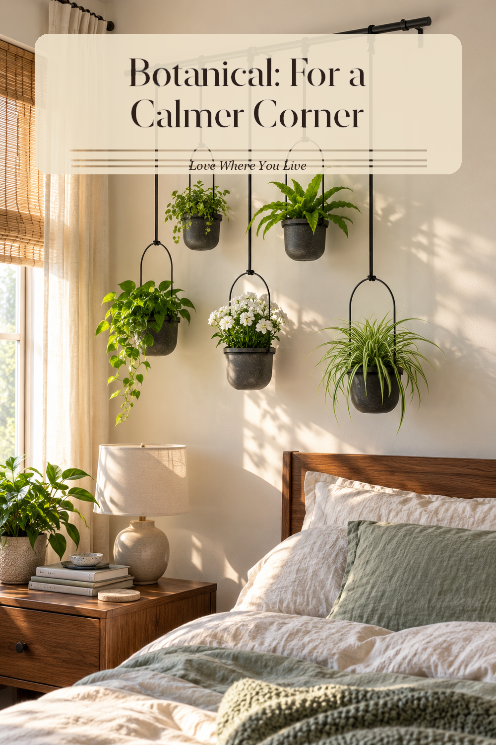 A realistic umbra triflora hanging in use in a naturally lit bedroom, photographed in a believable lived-in home.