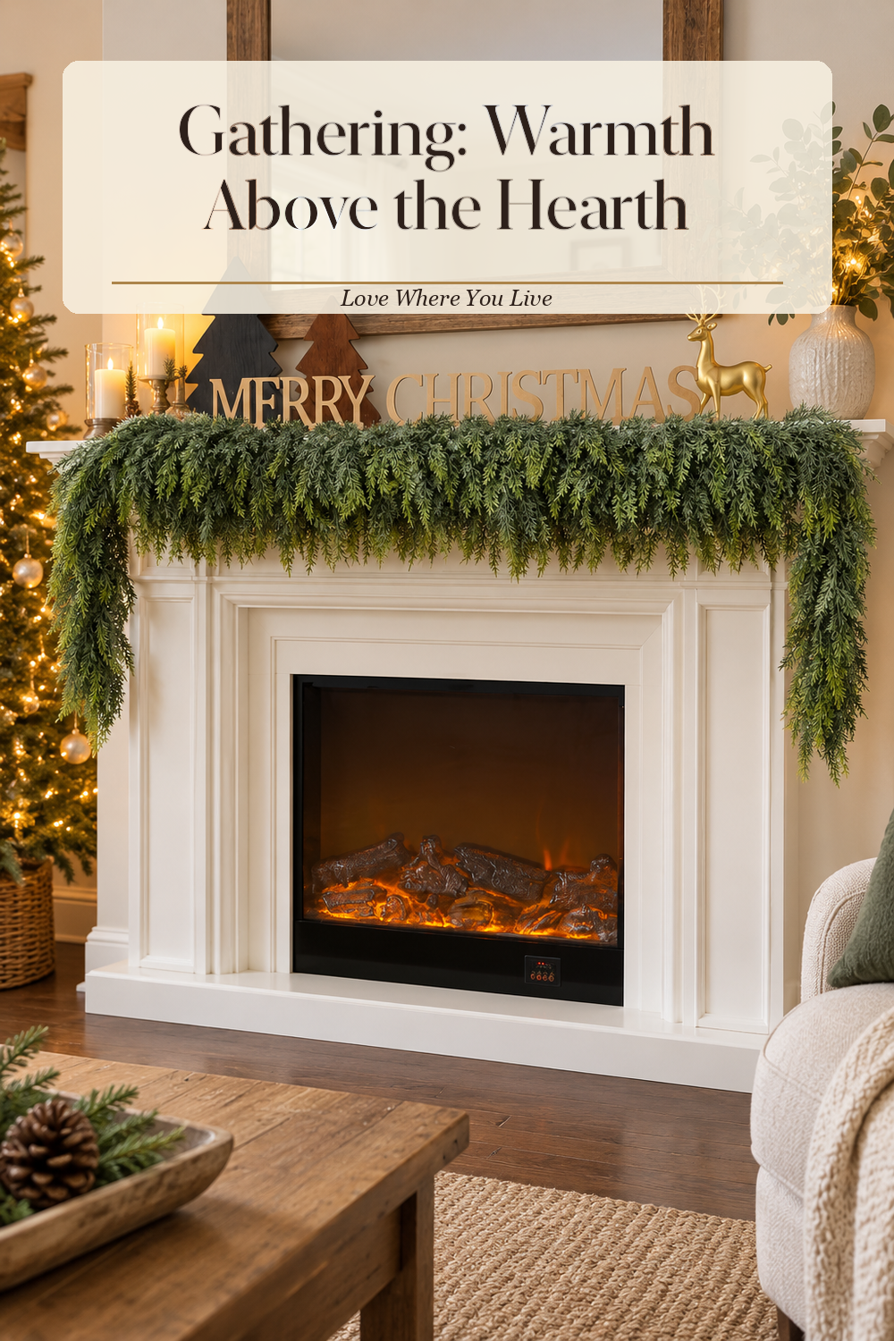 A realistic holiday garland in use in a naturally lit living room fireplace, photographed in a believable lived-in home.