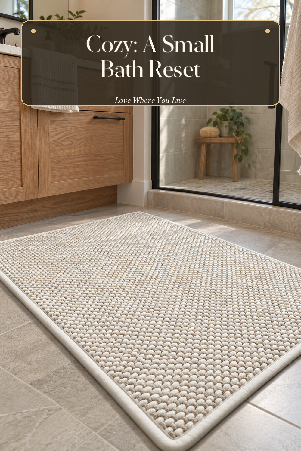 A realistic bath rug in use in a naturally lit bathroom, photographed in a believable lived-in home.