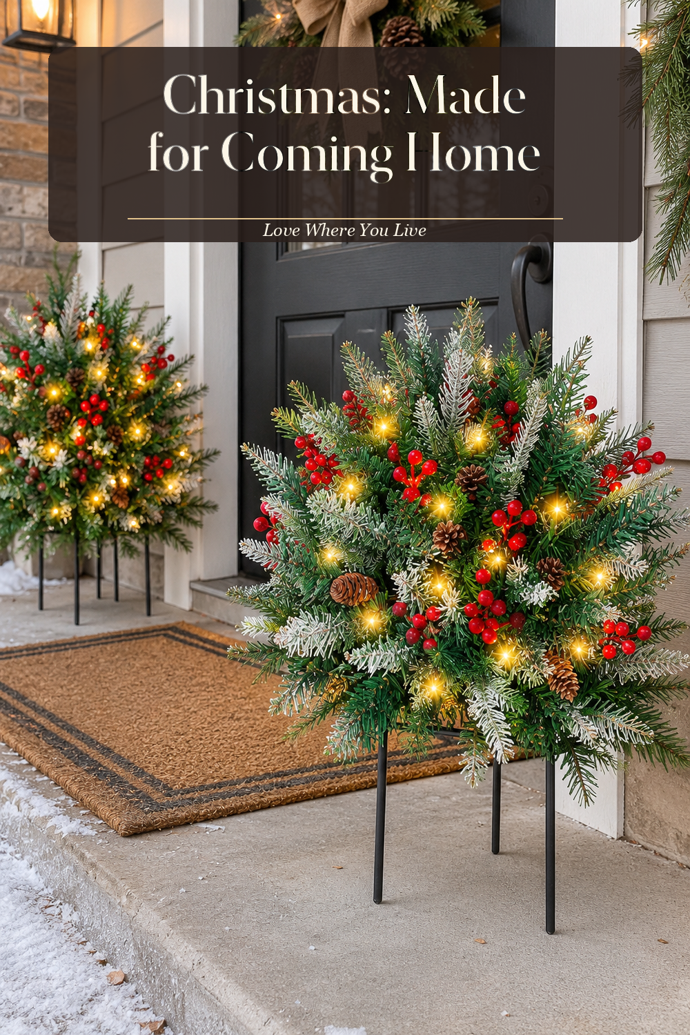 A realistic lighted christmas urn in use in a naturally lit front porch, photographed in a believable lived-in home.