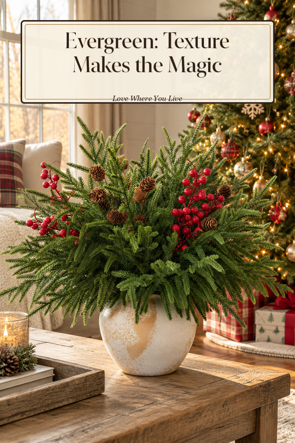 A realistic pcs norfolk pine in use in a naturally lit living room Christmas tree, photographed in a believable lived-in home.