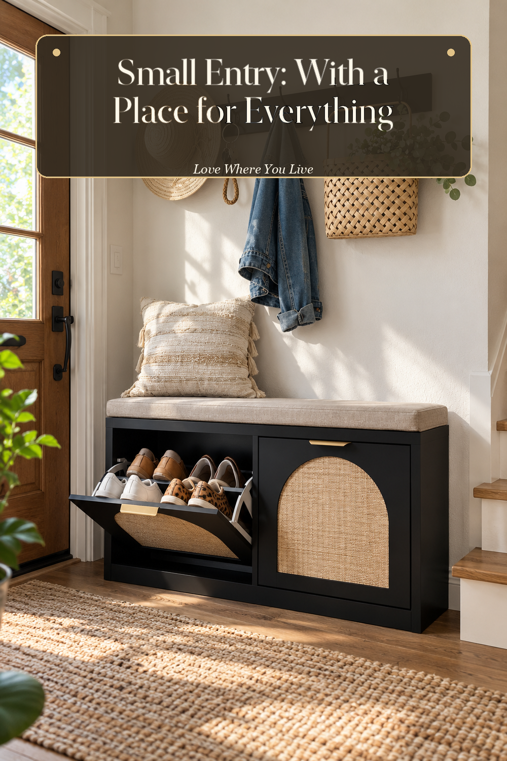 A realistic wall hook shelf in use in a naturally lit entryway, photographed in a believable lived-in home.