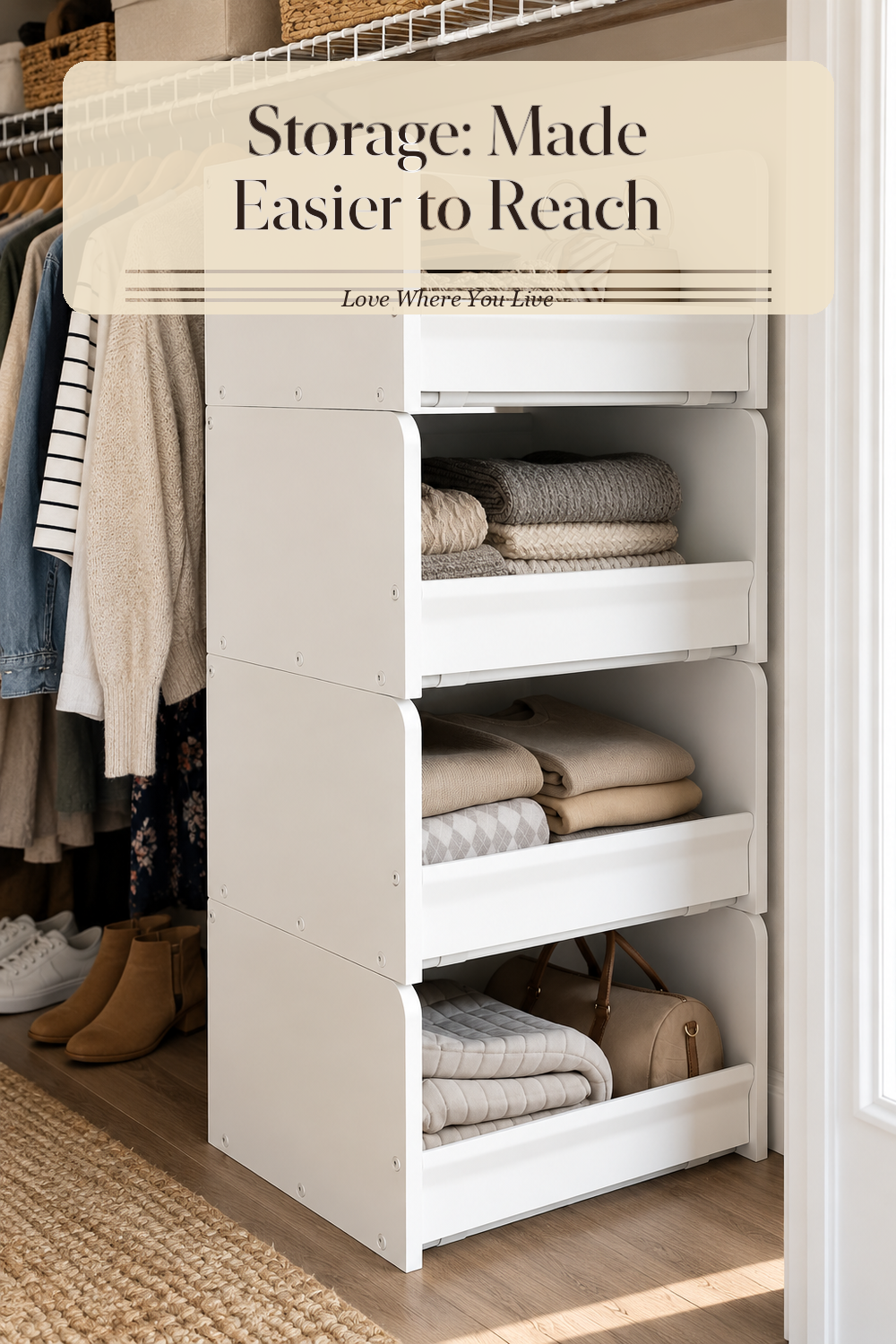 A realistic foucssomei closet storage in use in a naturally lit bedroom closet, photographed in a believable lived-in home.