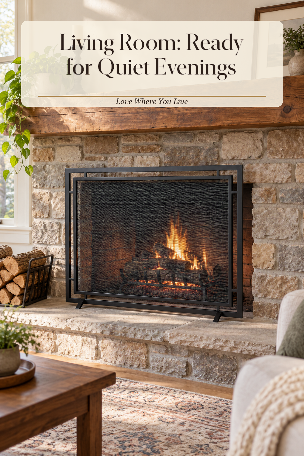A realistic fireplace screen in use in a naturally lit living room hearth, photographed in a believable lived-in home.