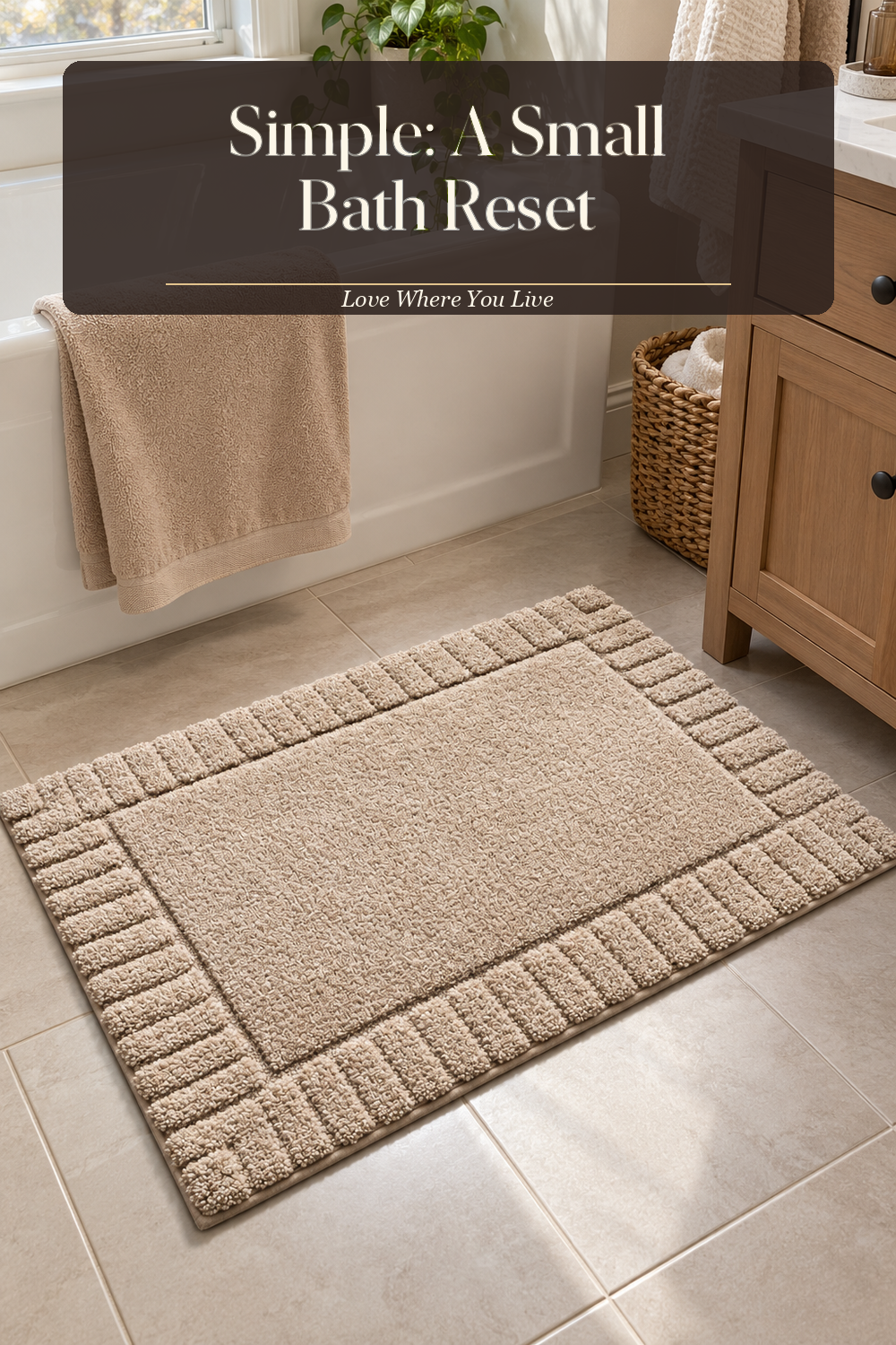 A realistic bath rug in use in a naturally lit bathroom, photographed in a believable lived-in home.