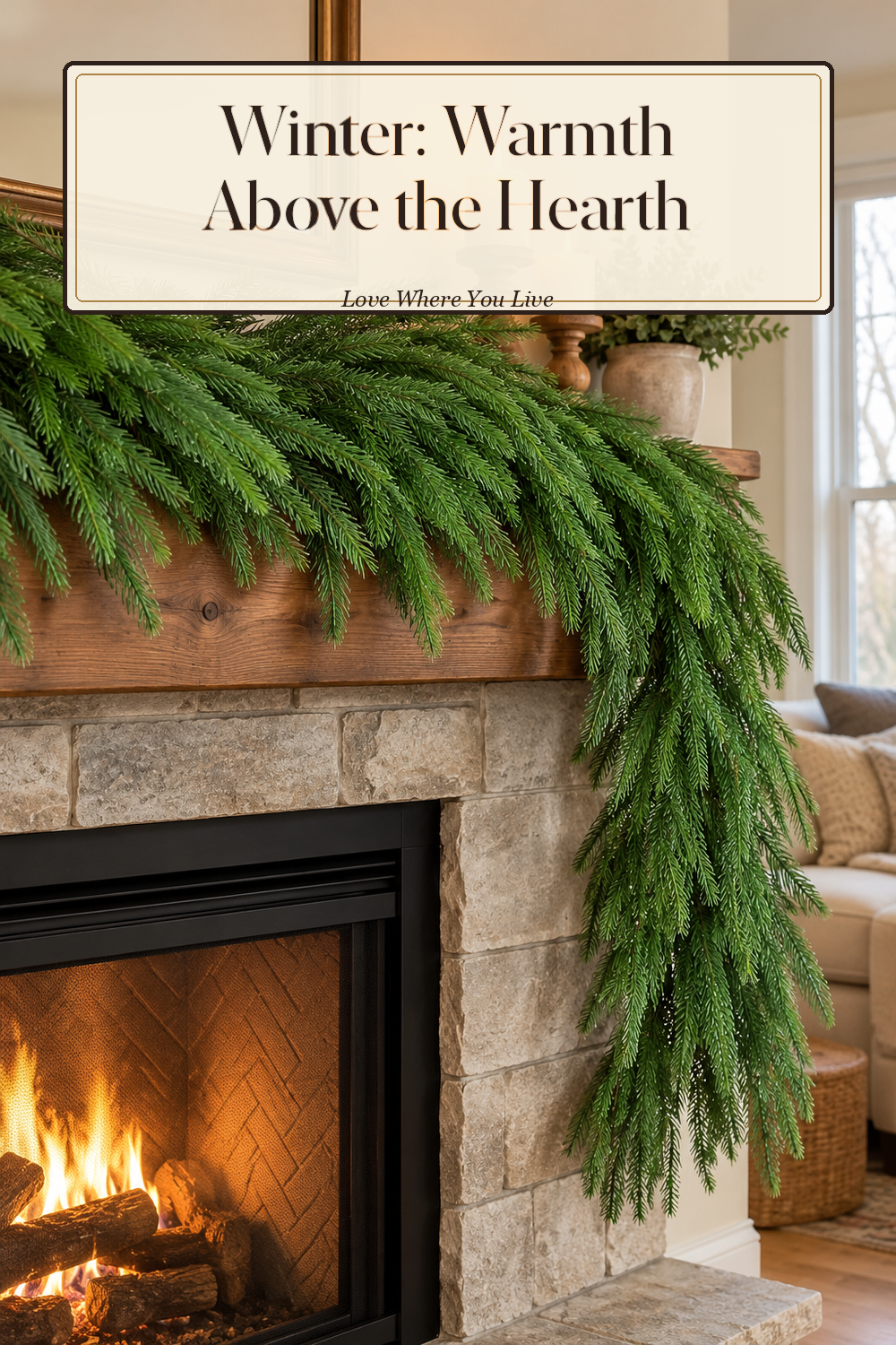 A realistic holiday garland in use in a naturally lit living room fireplace, photographed in a believable lived-in home.