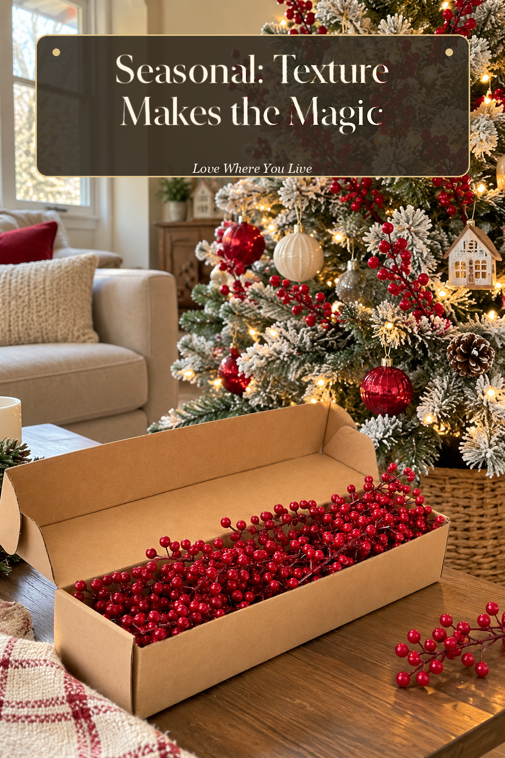 A realistic Christmas ornaments in use in a naturally lit living room Christmas tree, photographed in a believable lived-in home.