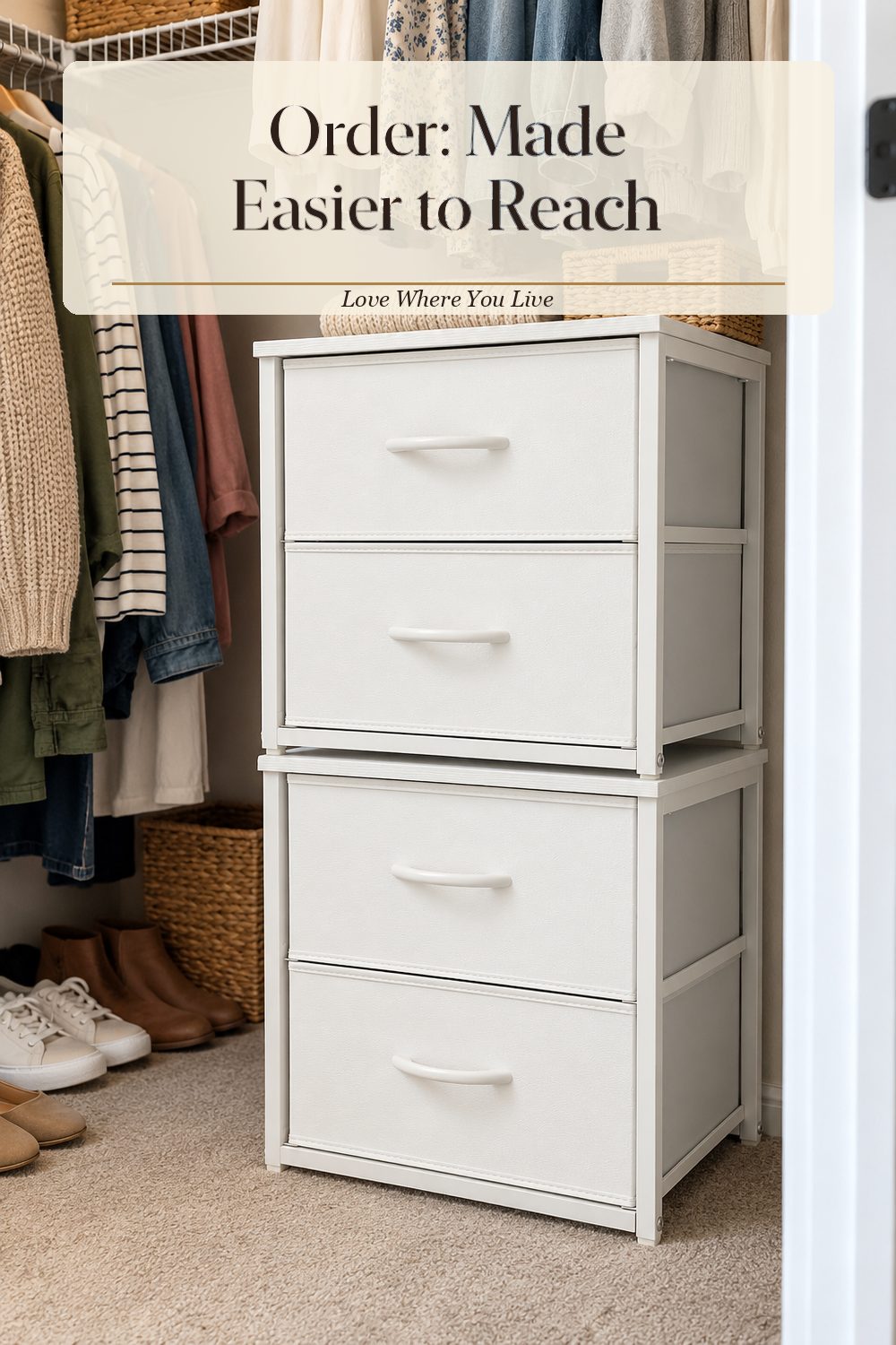 A realistic closet organizer in use in a naturally lit bedroom closet, photographed in a believable lived-in home.