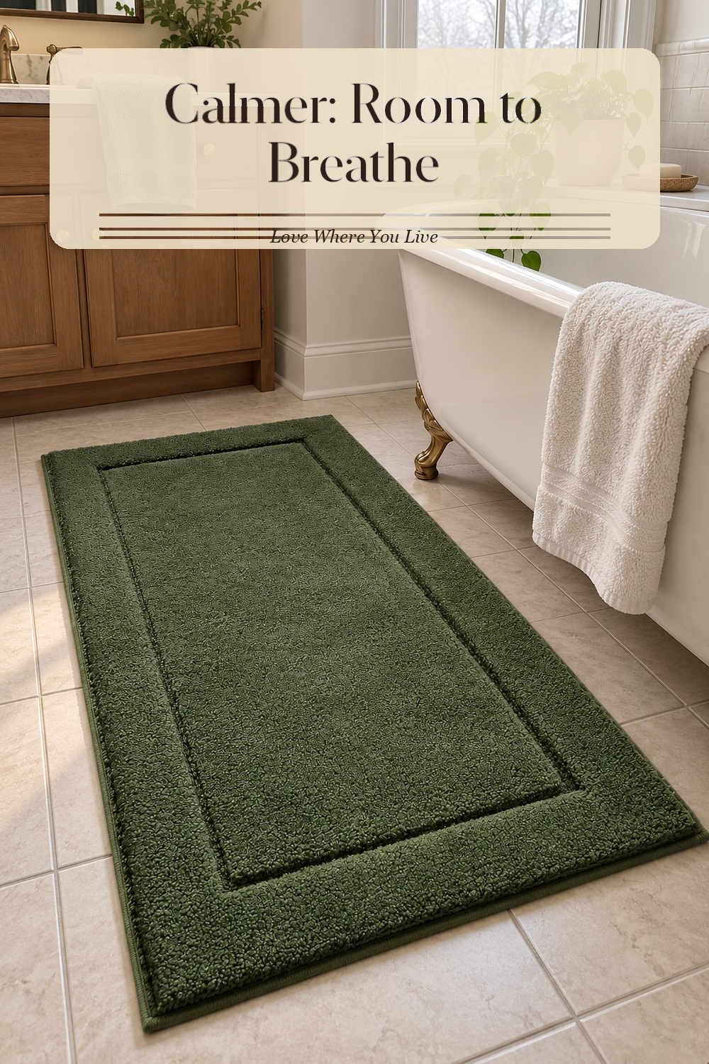 A realistic bath rug in use in a naturally lit bathroom, photographed in a believable lived-in home.