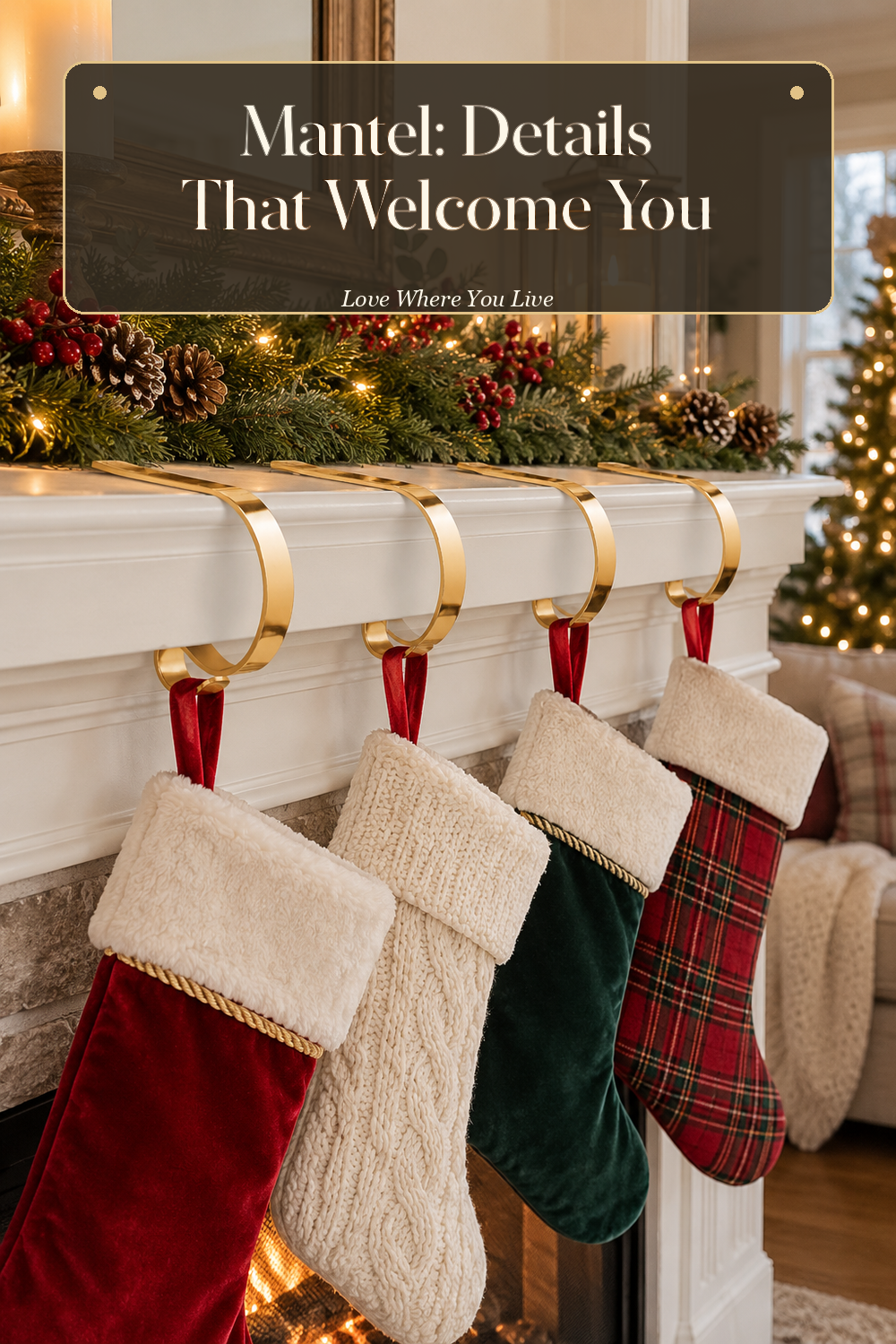 A realistic stocking holder in use in a naturally lit living room fireplace, photographed in a believable lived-in home.