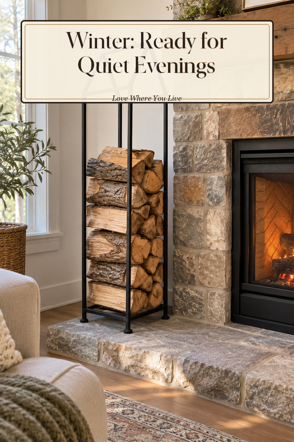 A realistic firewood holder in use in a naturally lit living room hearth, photographed in a believable lived-in home.