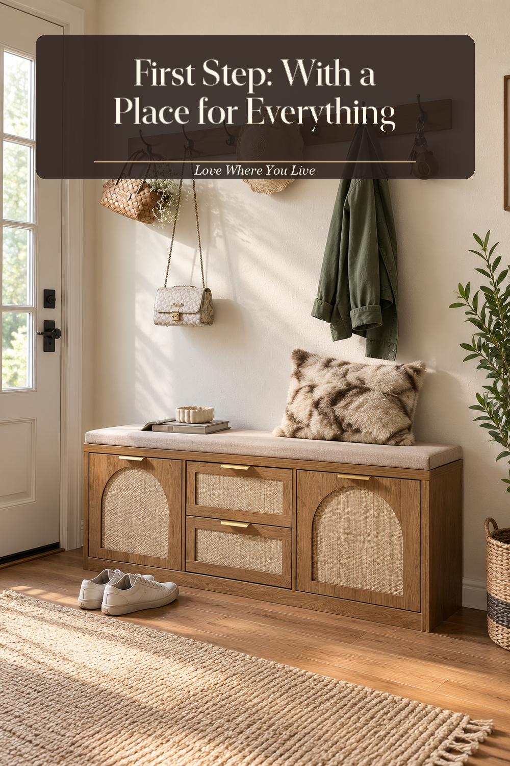 A realistic wall hook shelf in use in a naturally lit entryway, photographed in a believable lived-in home.