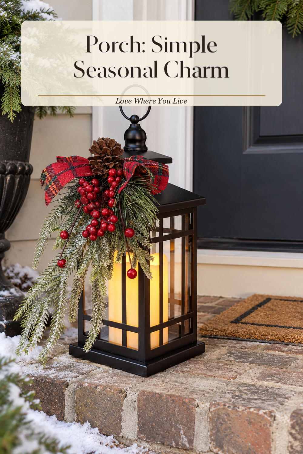 A realistic decorative lantern in use in a naturally lit front porch, photographed in a believable lived-in home.