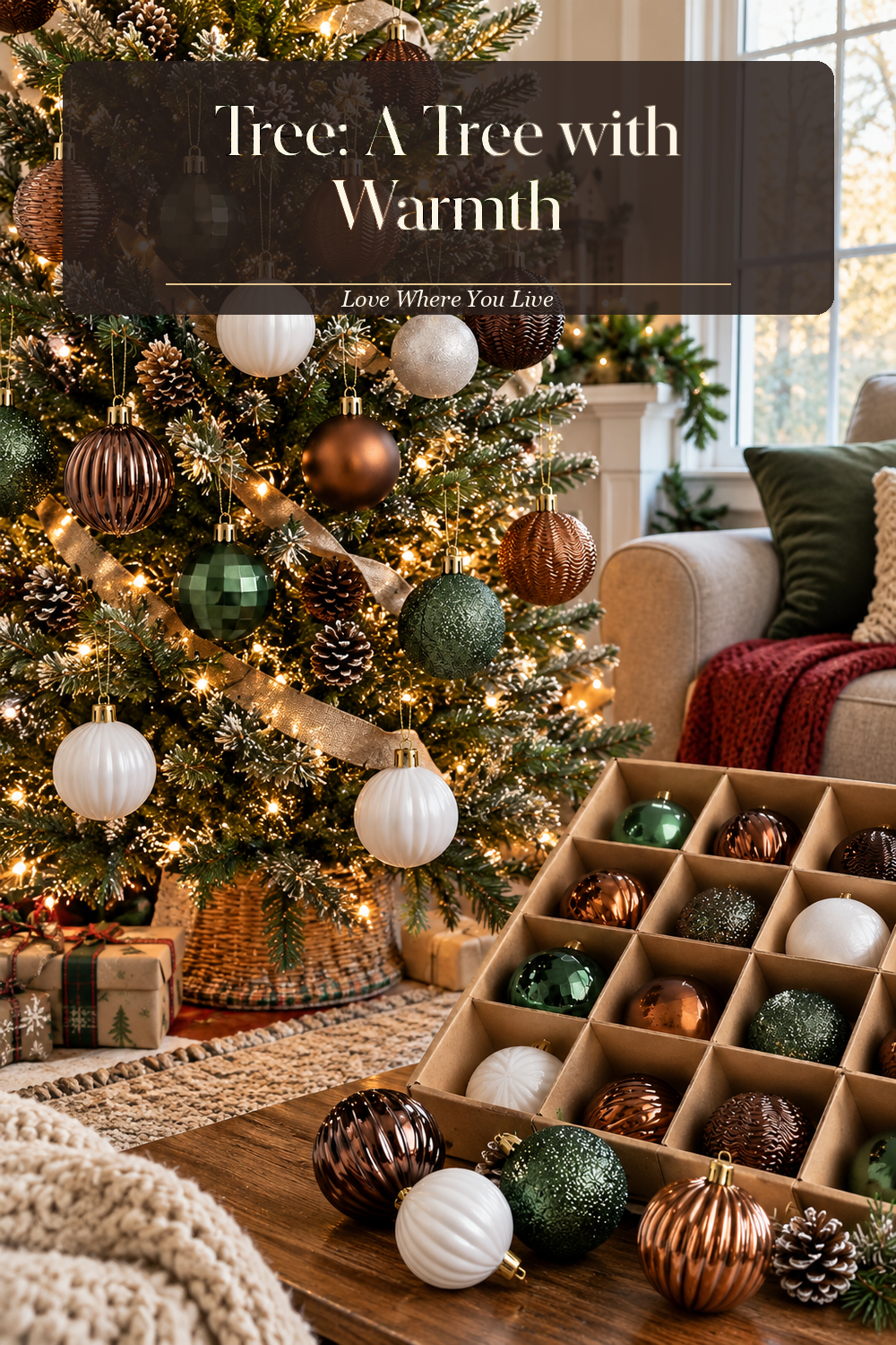 A realistic Christmas ornaments in use in a naturally lit living room Christmas tree, photographed in a believable lived-in home.
