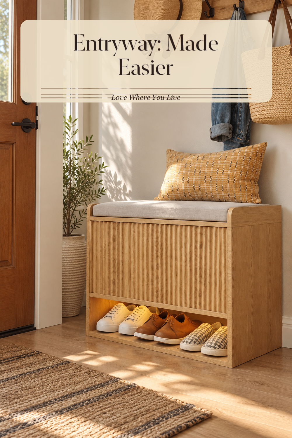 A realistic homefort fluted shoe in use in a naturally lit entryway, photographed in a believable lived-in home.